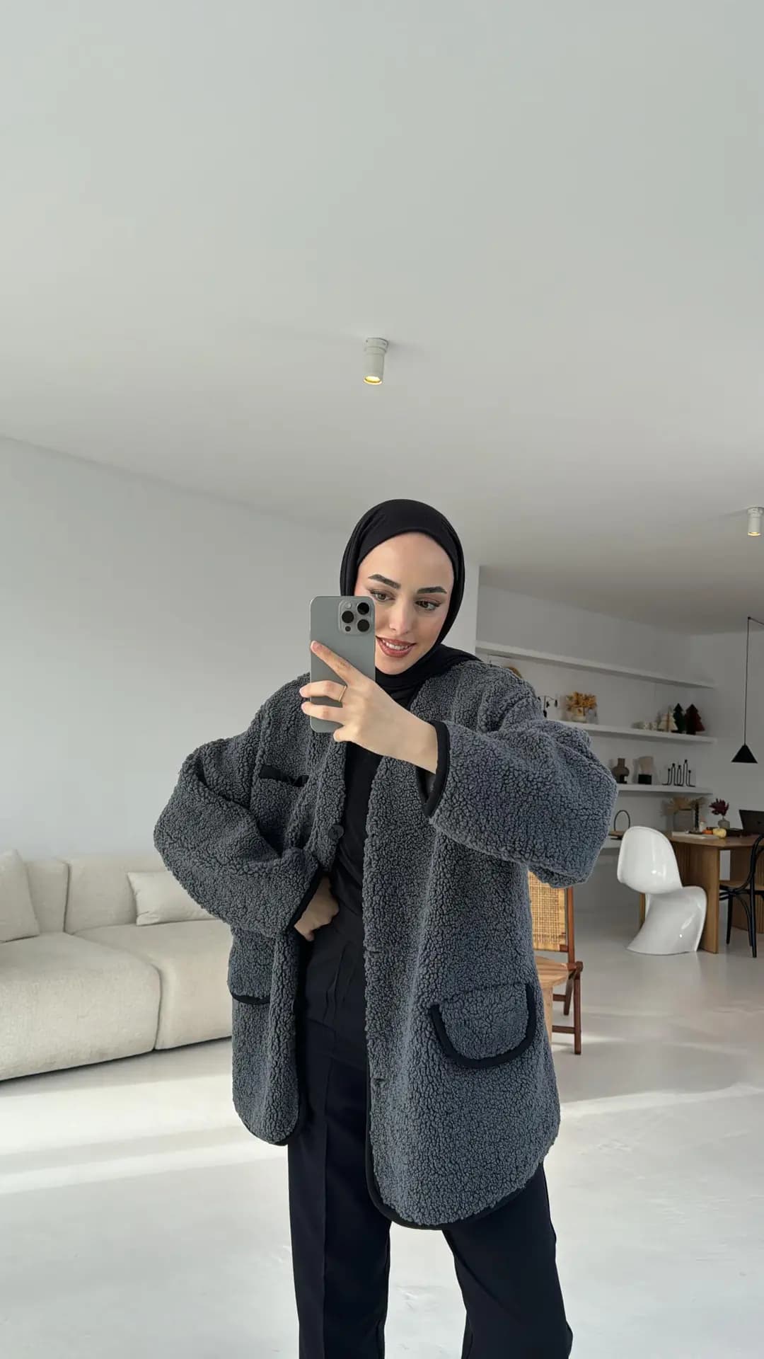 Düğmeli Oversize Teddy Ceket Antrasit