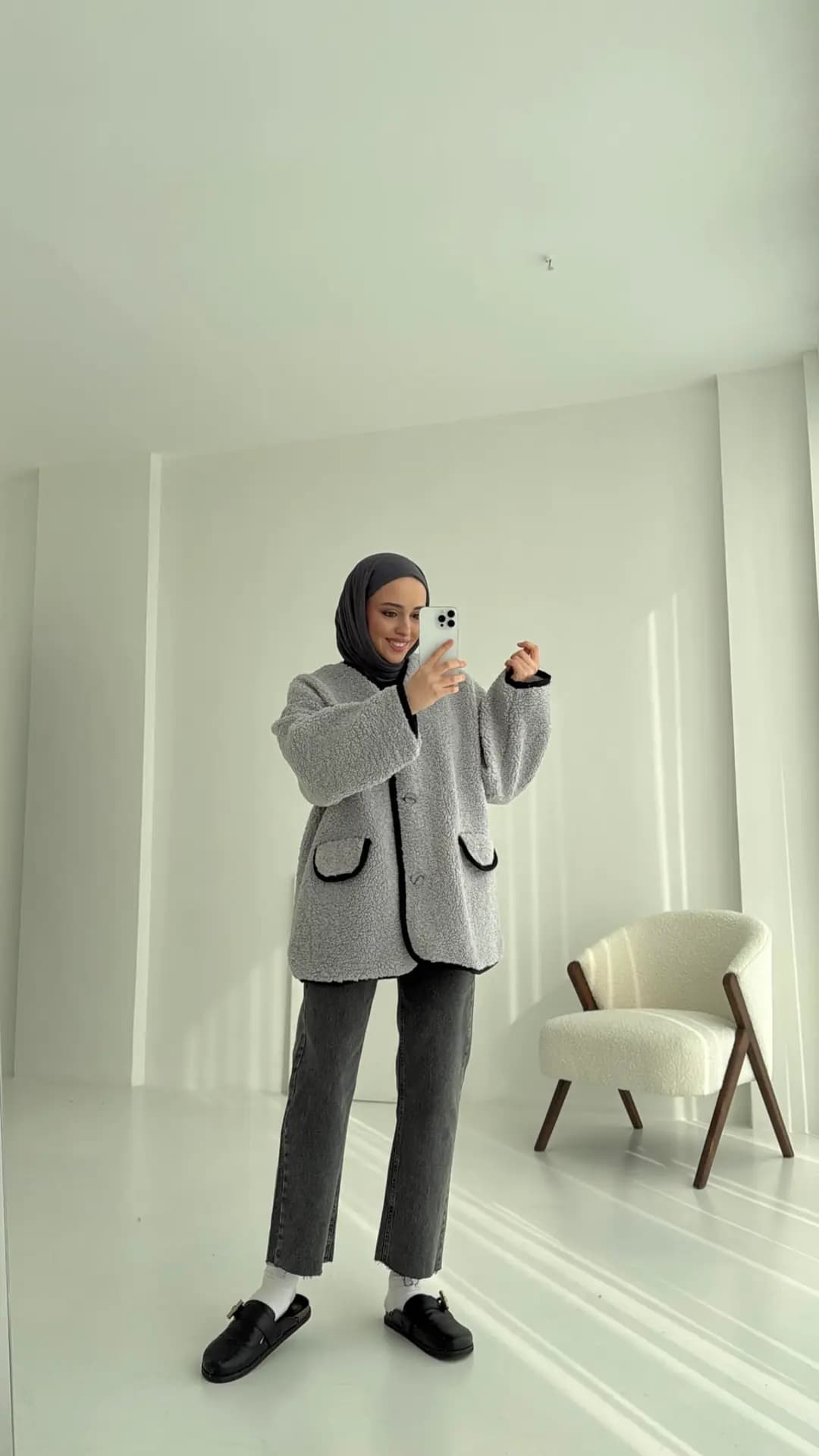 Düğmeli Oversize Teddy Ceket Gri