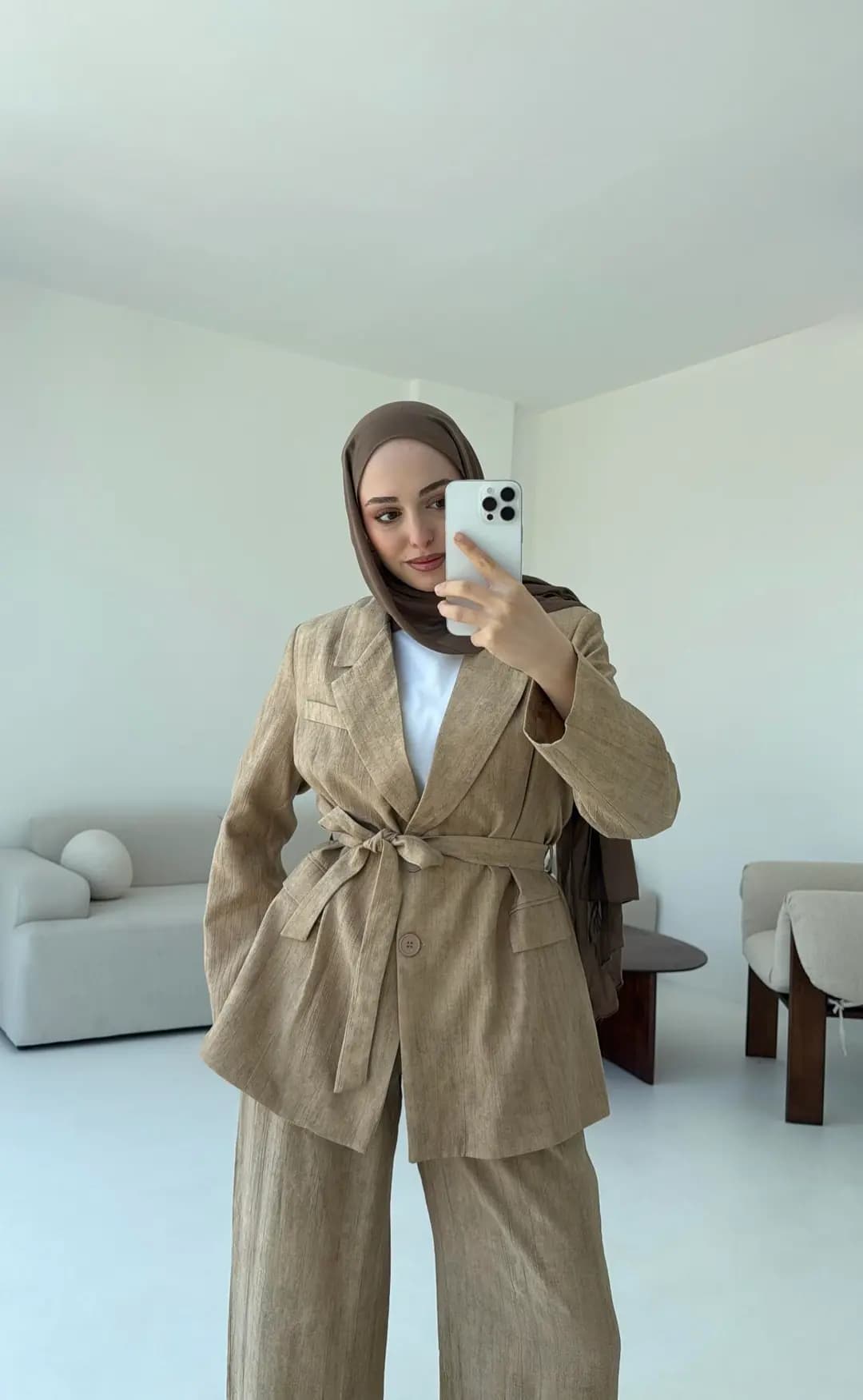 Kemerli Ceket Beli Lastikli Pantolon Takım Bej