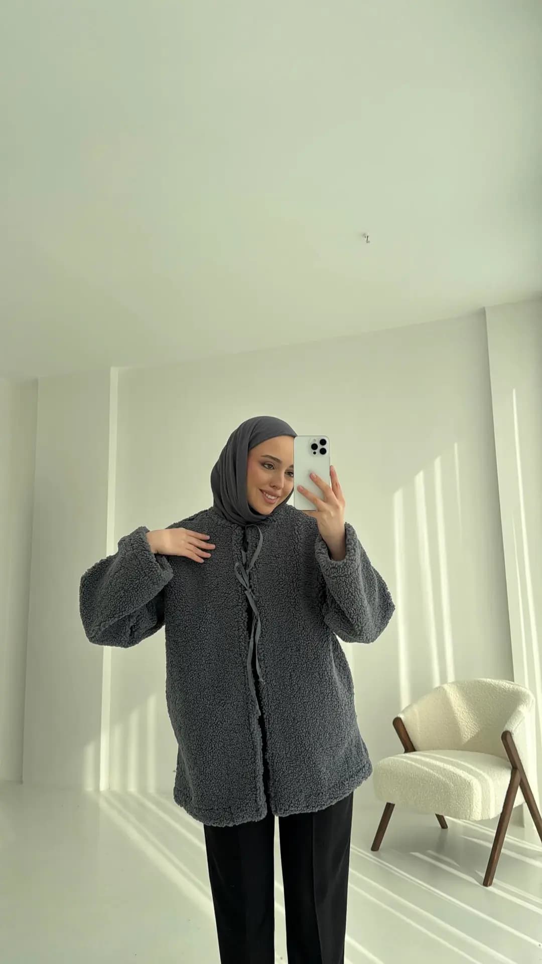 Teddy Bağlamalı Ceket Antrasit