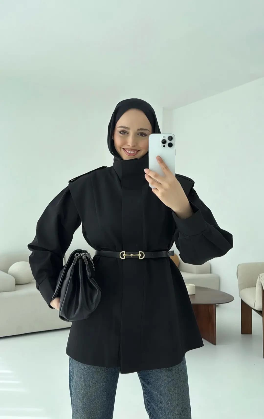 Kemerli Trençkot Siyah