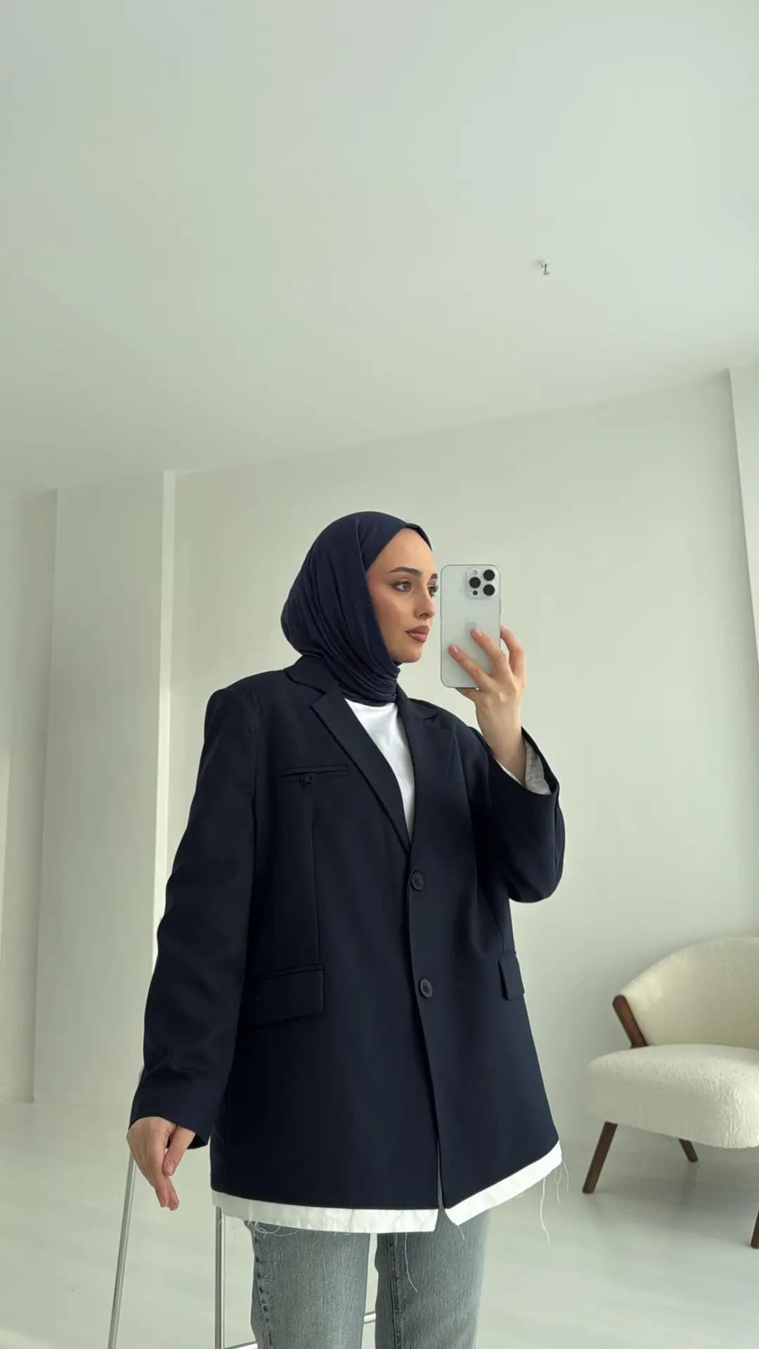 Arkası Baskılı Blazer Ceket Lacivert