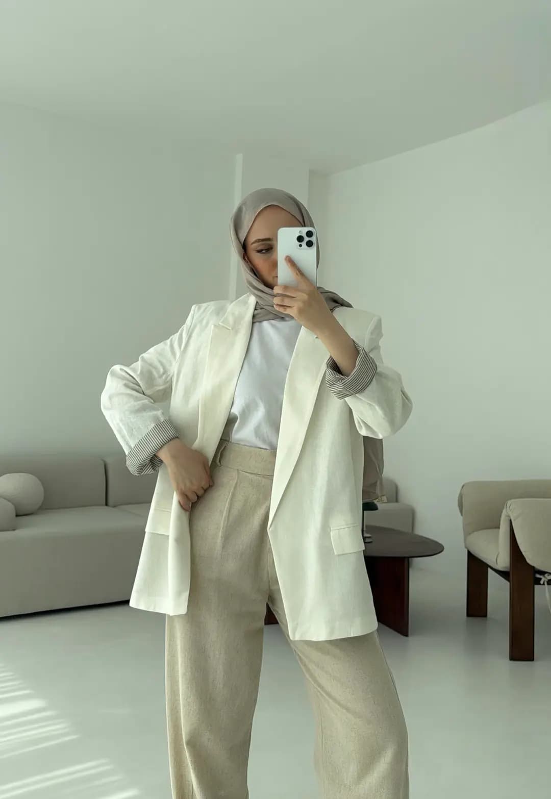 Keten Astarı Çizgili Blazer Ceket Beyaz
