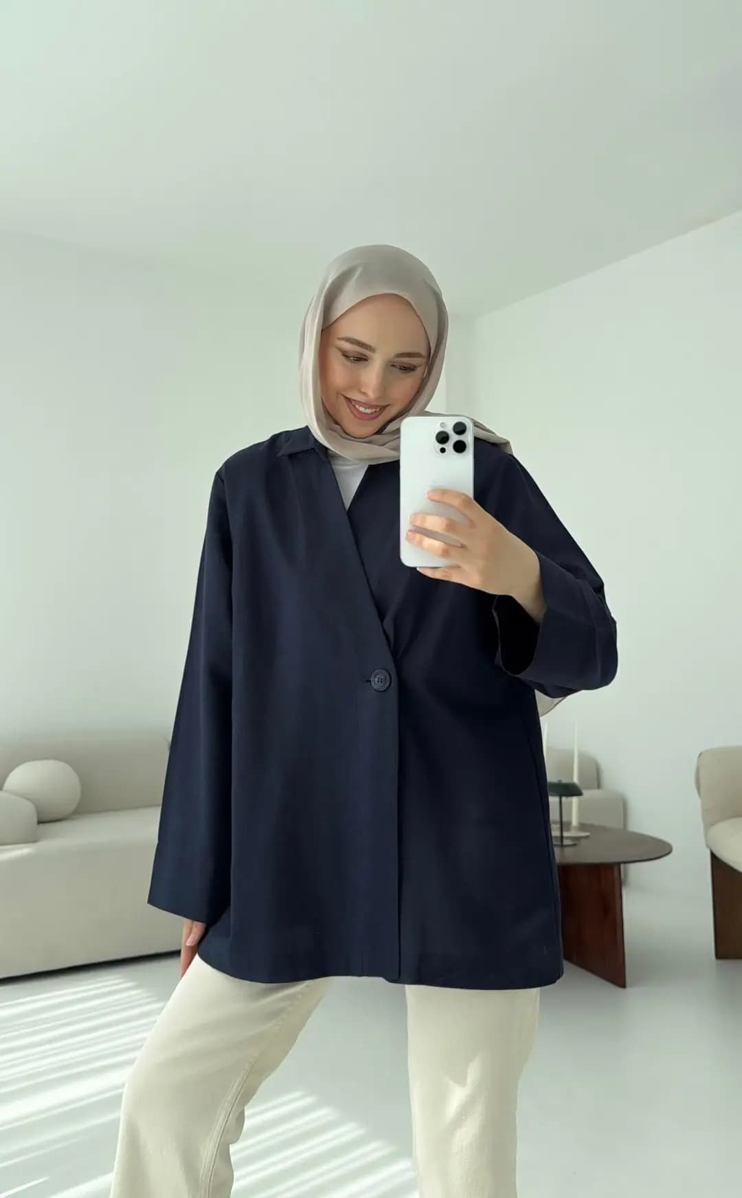 Tek Düğmeli Pamuk Keten Ceket Lacivert