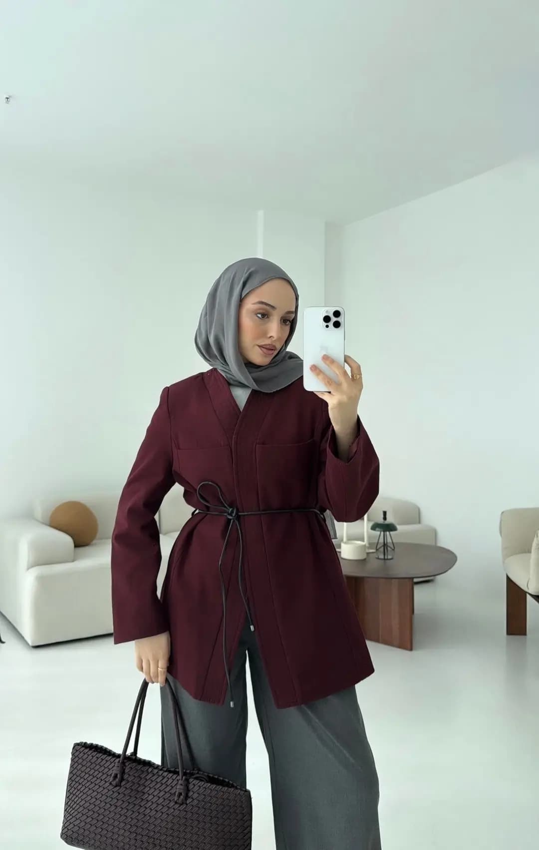 Gabardin Kemerli Ceket Bordo
