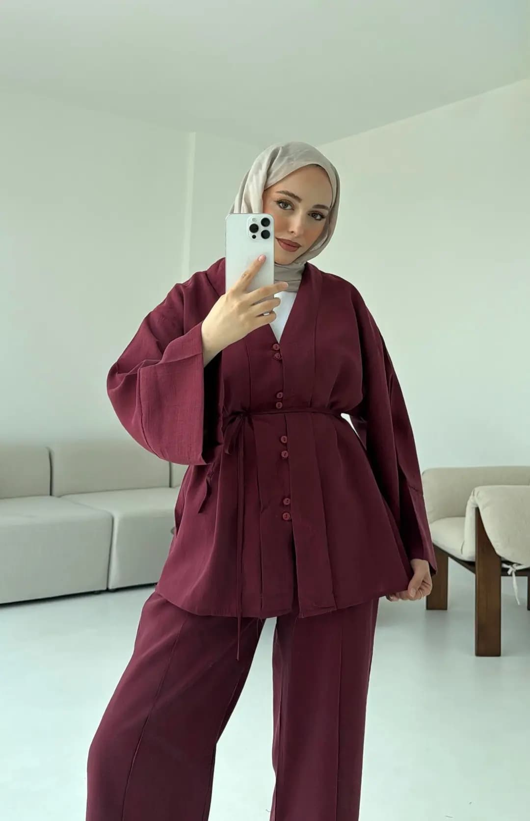 Şal Yaka Düğmeli Takım Bordo