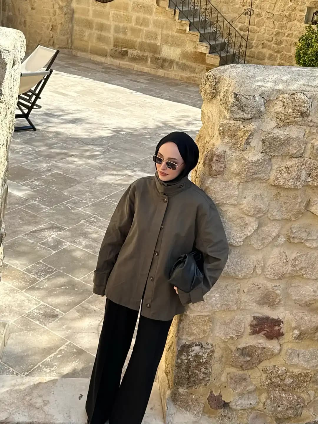 Dik Yaka Gabardin Ceket Haki