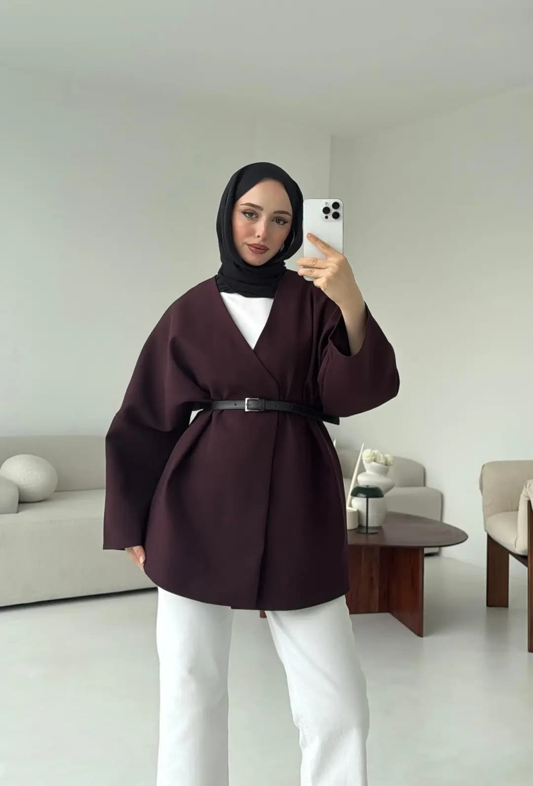 Deri Kemer Detay Oversize Ceket Mürdüm