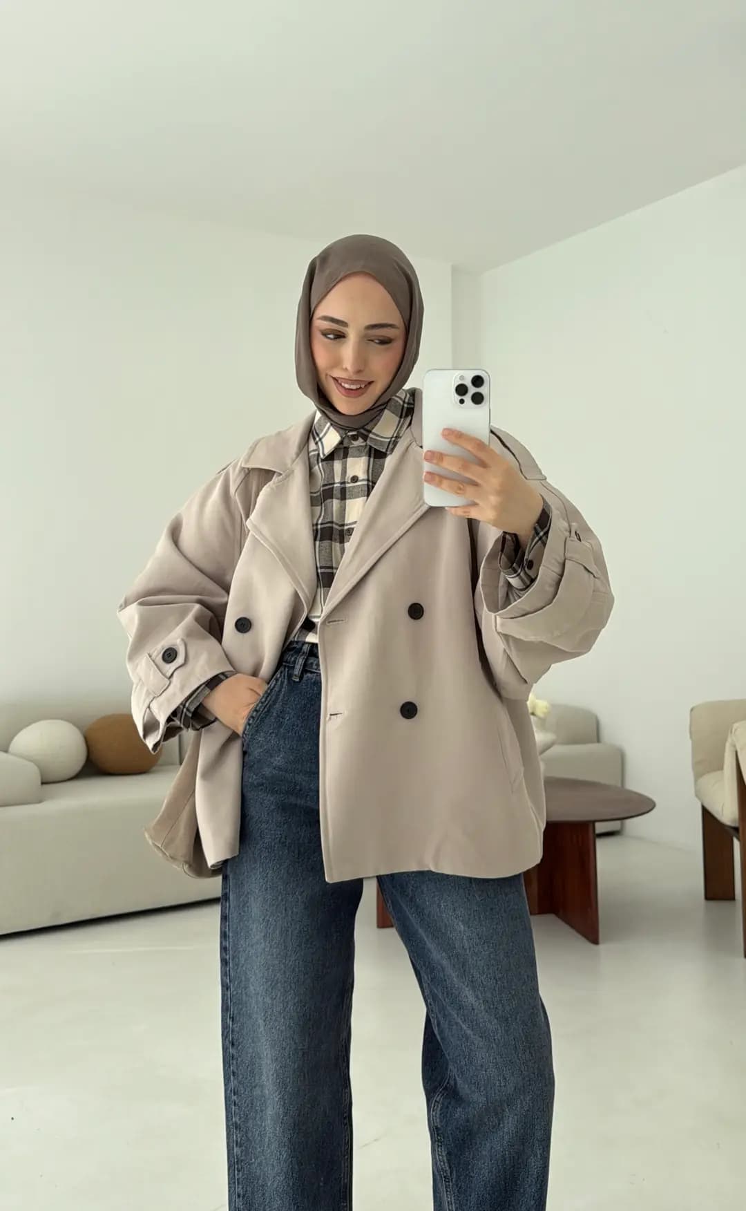 Geniş Kol Oversize Trençkot Taş