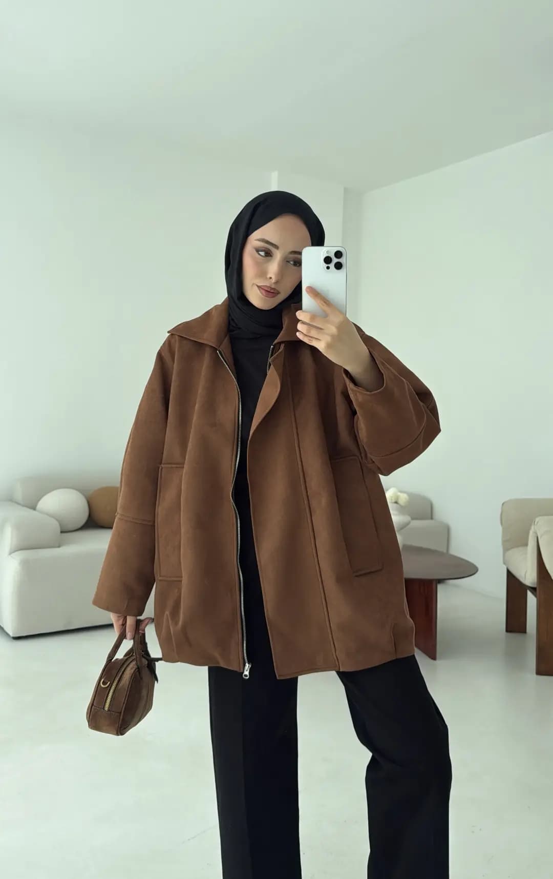 Fermuarlı Süet Ceket Taba