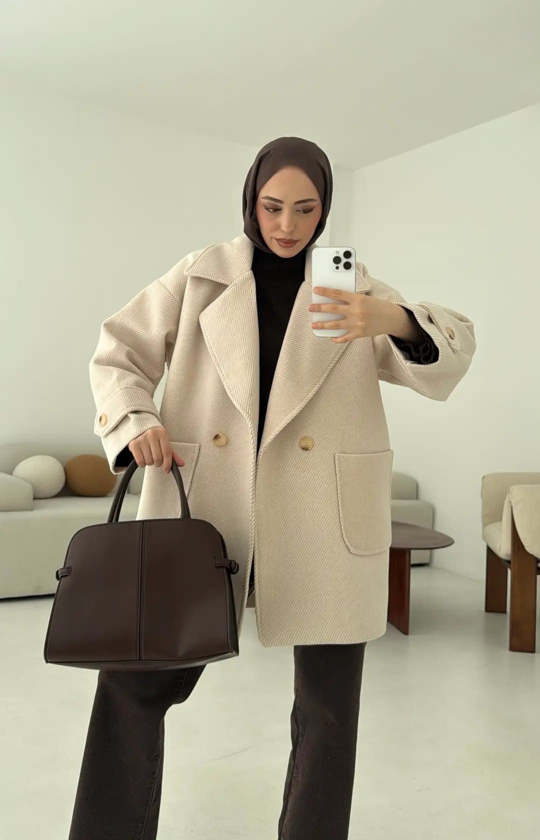 Bej Geçişli Kaşe Kaban