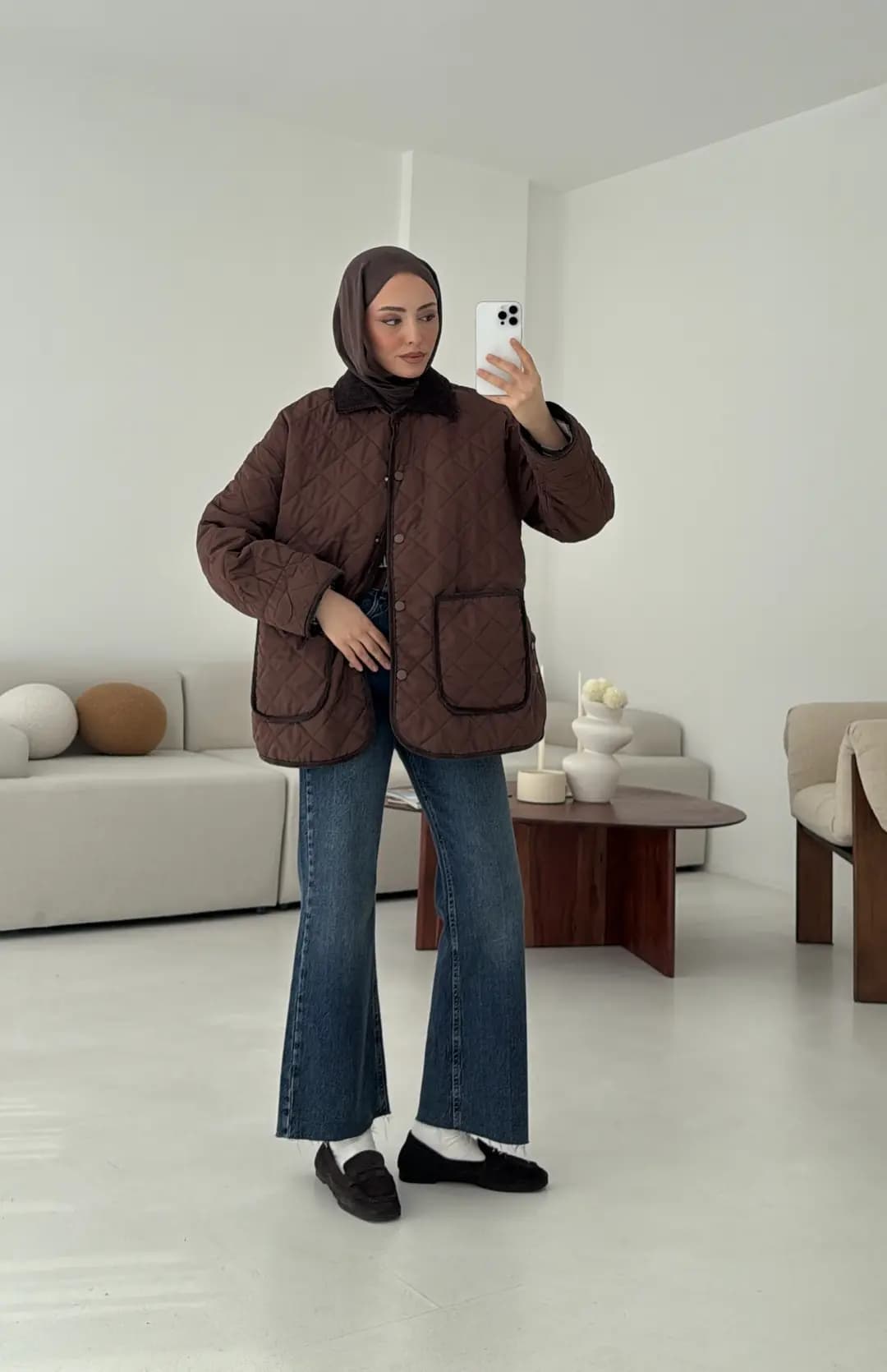 Kapitone Kadife Geçişli Ceket Kahve