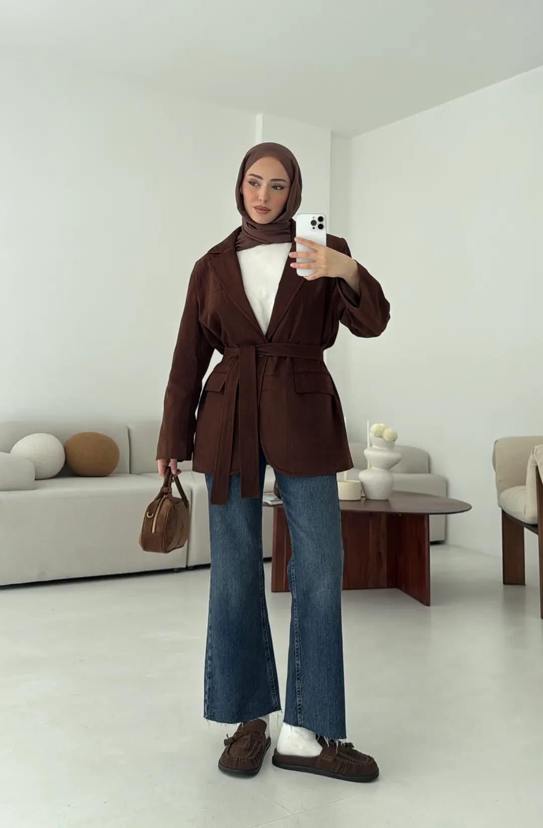 Nubuk Kuşaklı Ceket Kahve