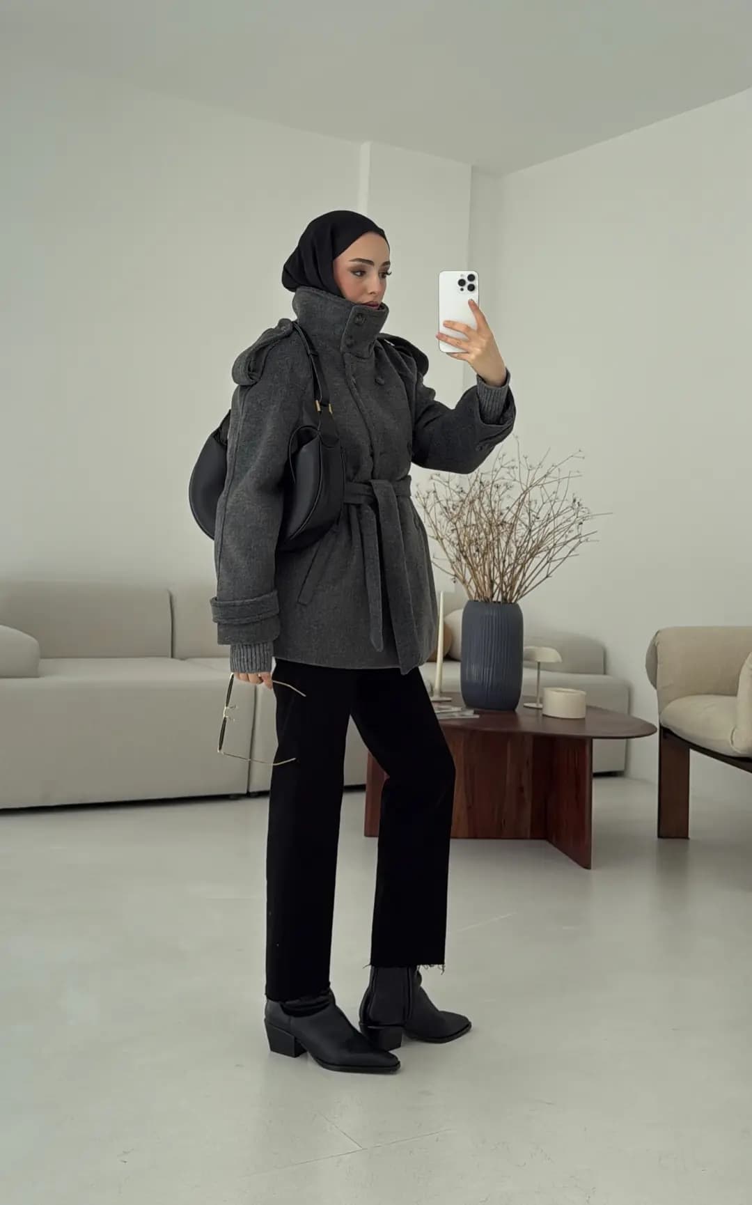 Kuşaklı Oversize Kaşe Kaban Antrasit
