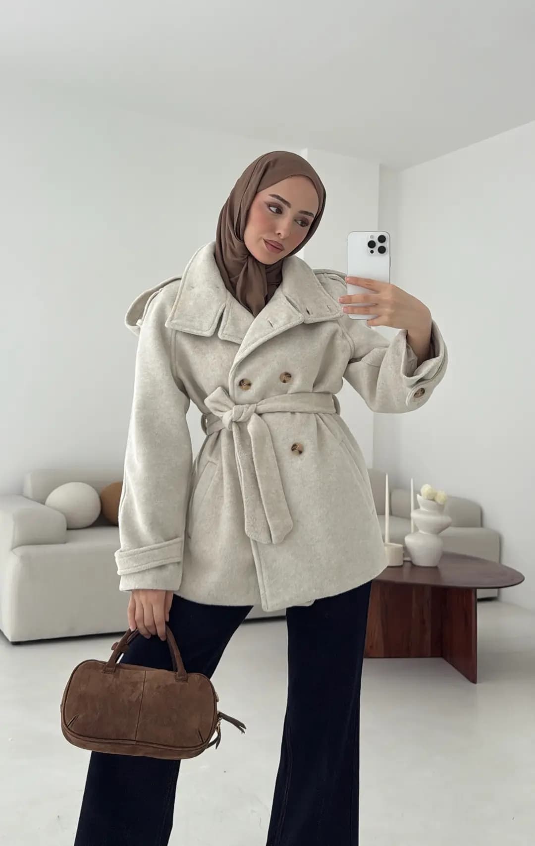 Kuşaklı Oversize Kaşe Kaban Taş