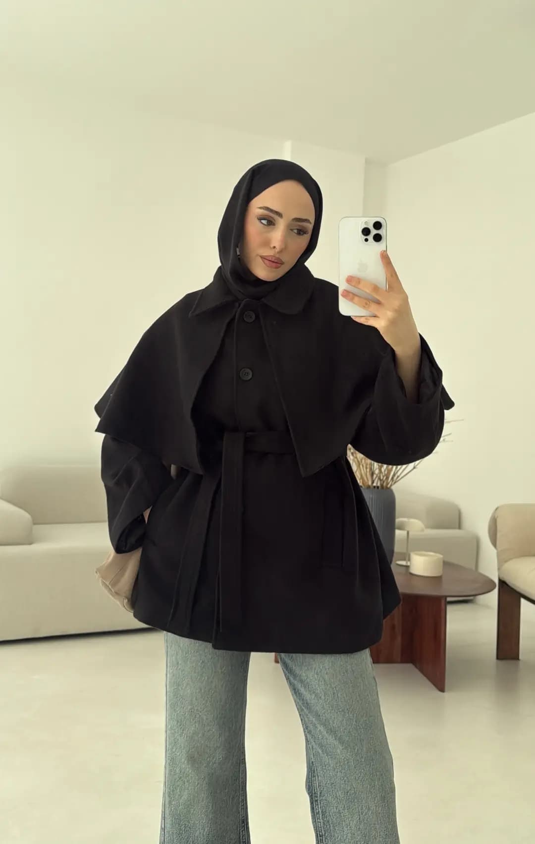 Pelerin Detay Kaşe Kaban Siyah