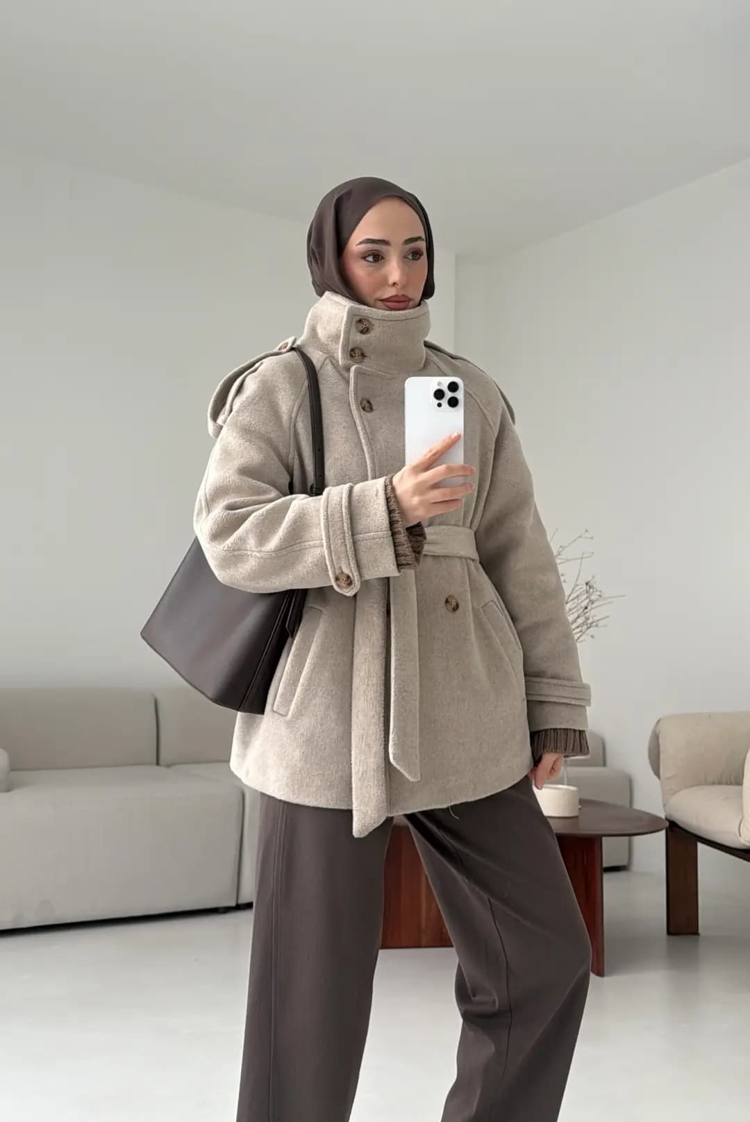 Kuşaklı Oversize Kaşe Kaban Vizon