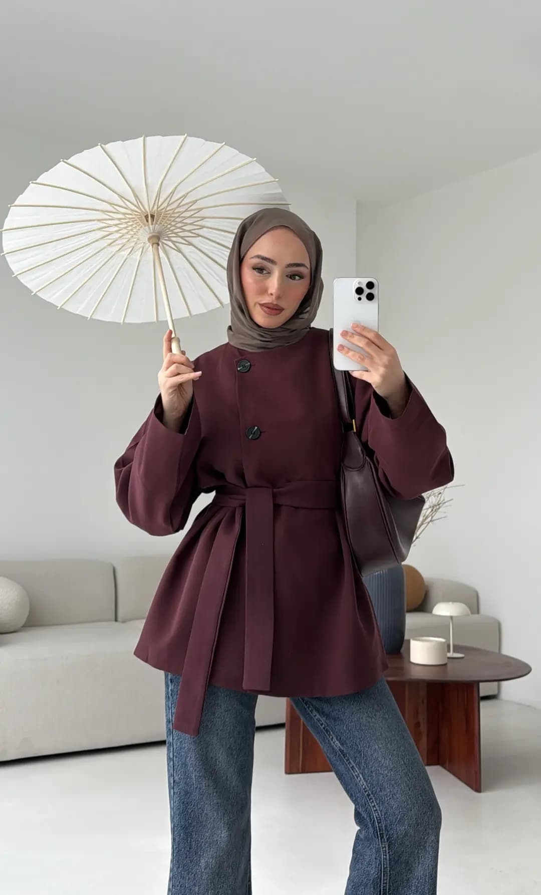Yandan Düğmeli Kemerli Ceket Bordo