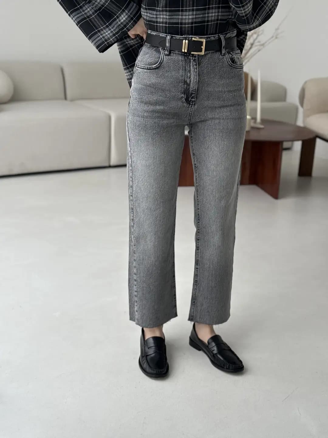Premium Paçası Kesik Kemerli Jean Gri R125-1
