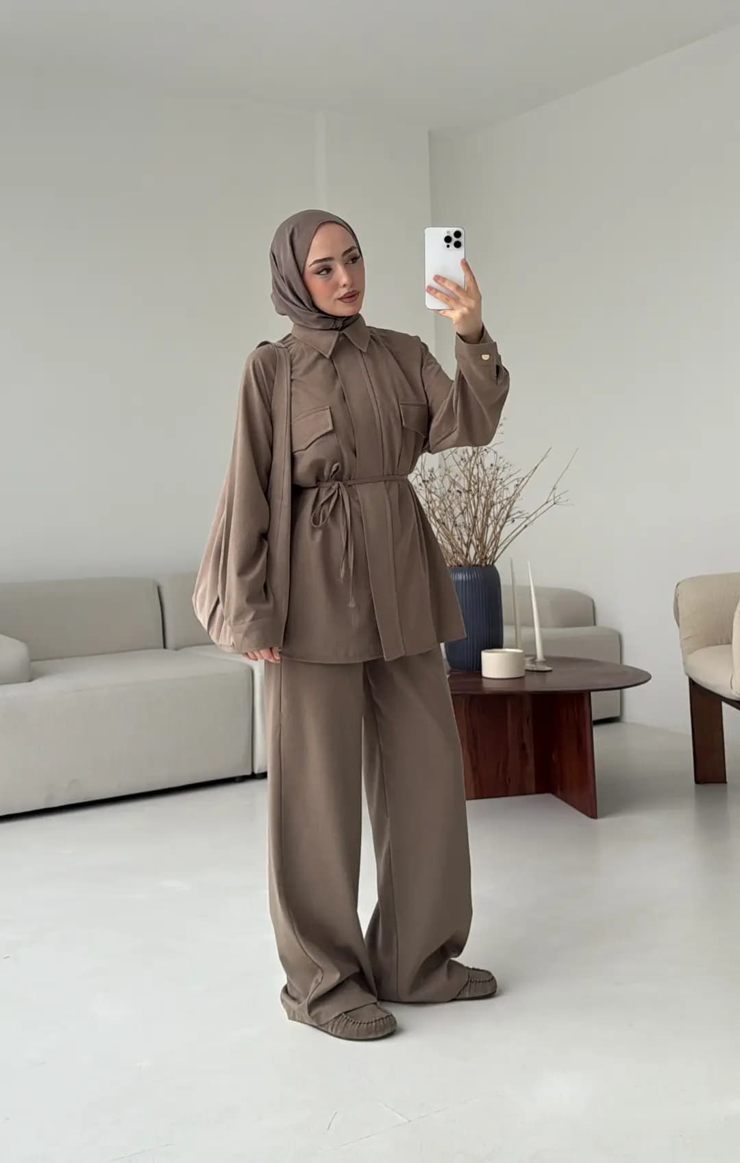 Bağcıklı Bluz Pantolon Takım Vizon