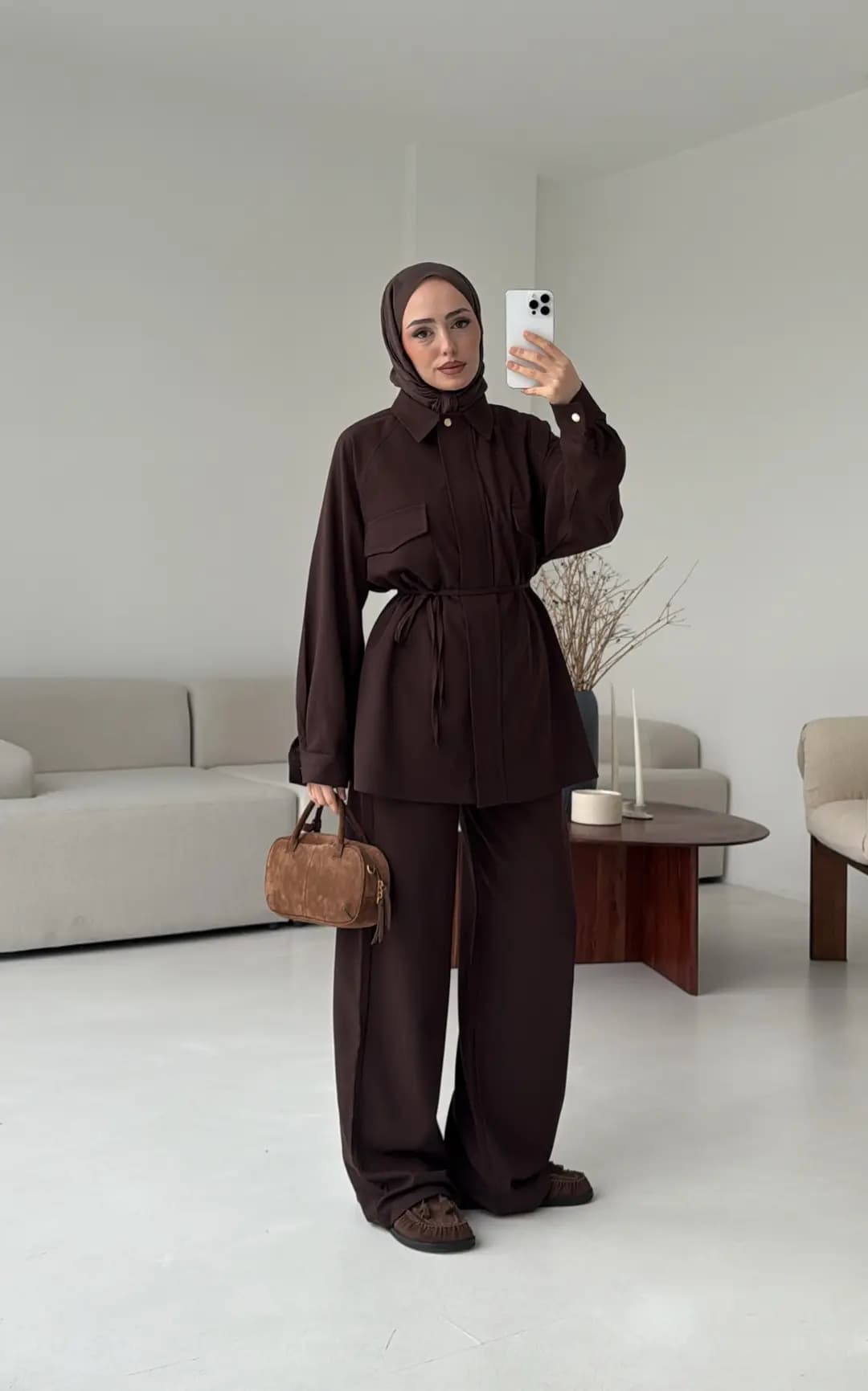 Bağcıklı Bluz Pantolon Takım Kahve