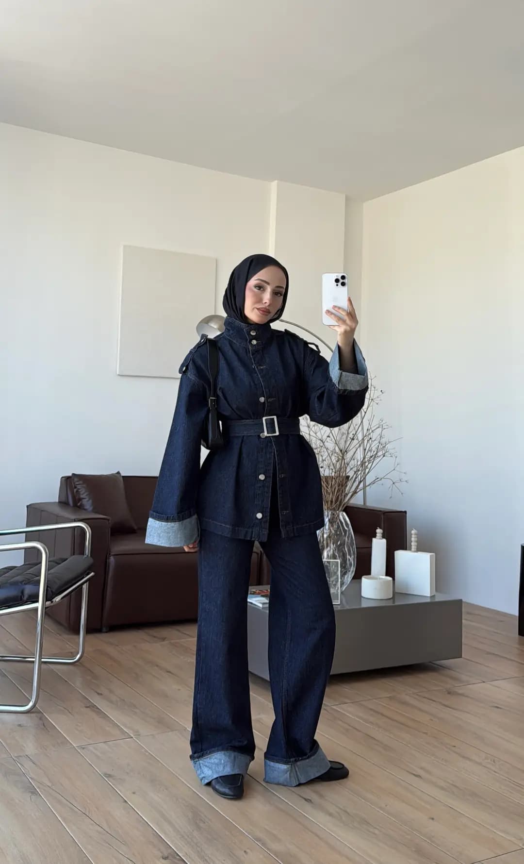 Kemerli Lacivert Denim Takım