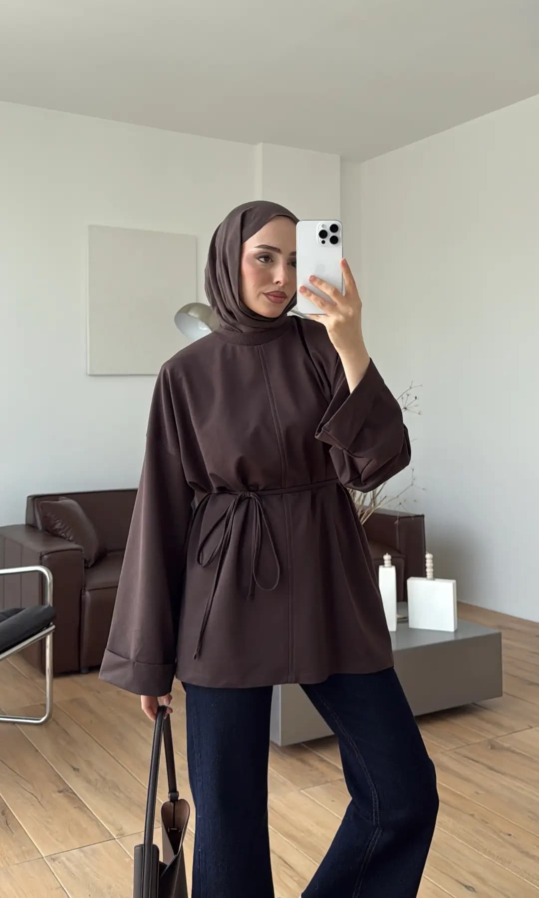 Bağlamalı Yanı Yırtmaç Detay Sweat Kahve