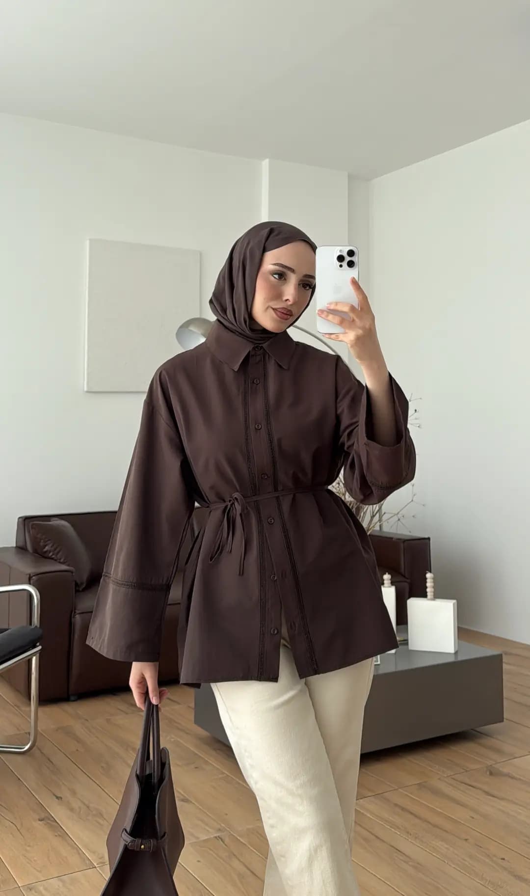 Dantel Geçişli Poplin Gömlek Kahve