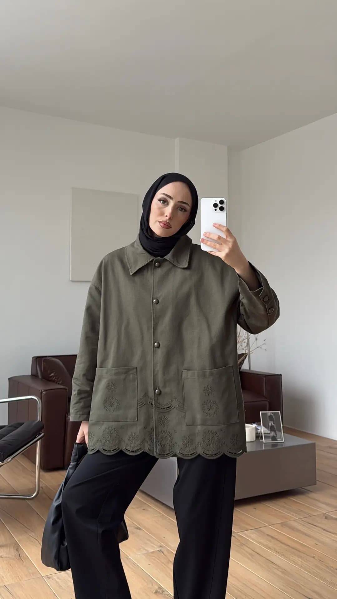 Nakışlı Cepli Gabardin Ceket Haki