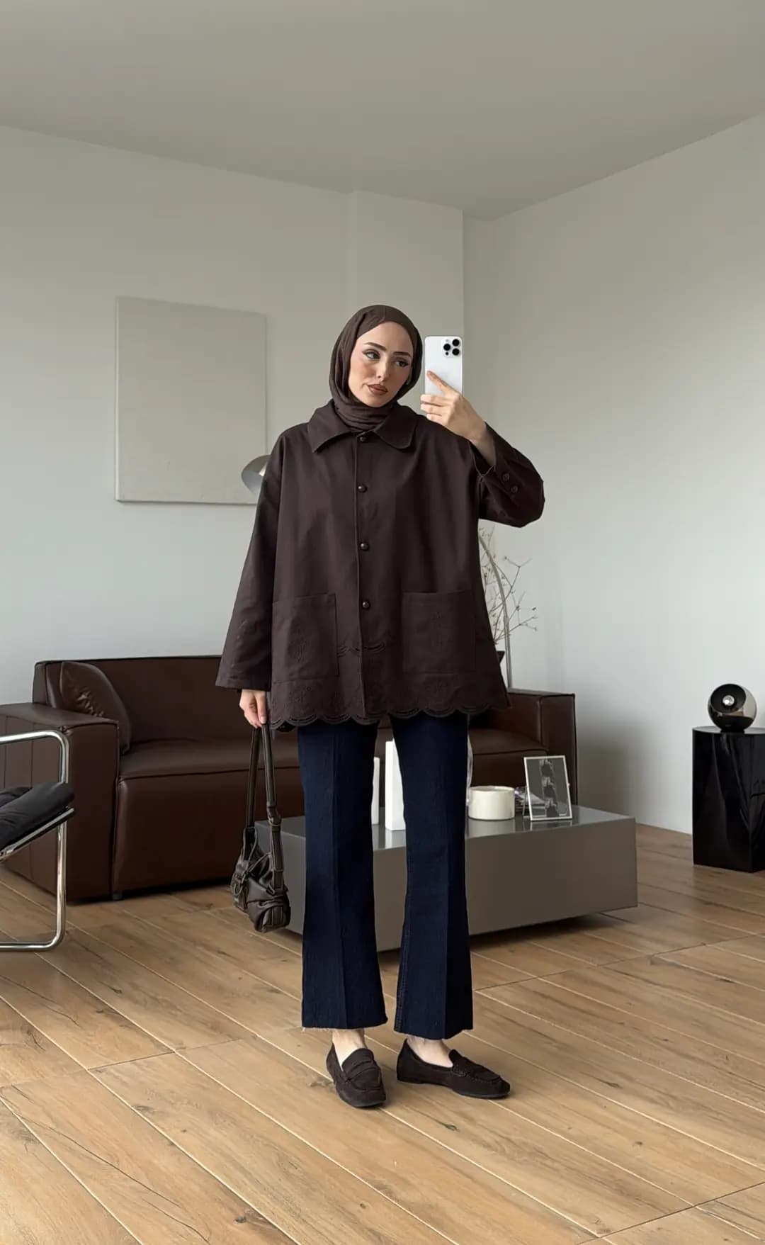 Nakışlı Cepli Gabardin Ceket Kahve