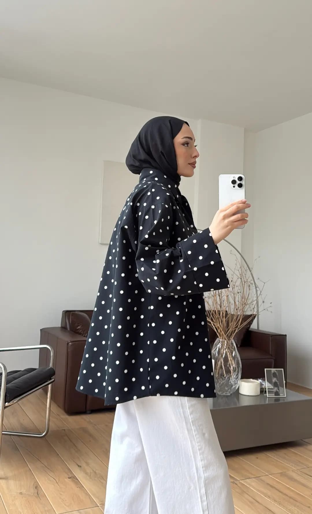 Puantiyeli Bagcıklı Gömlek Siyah