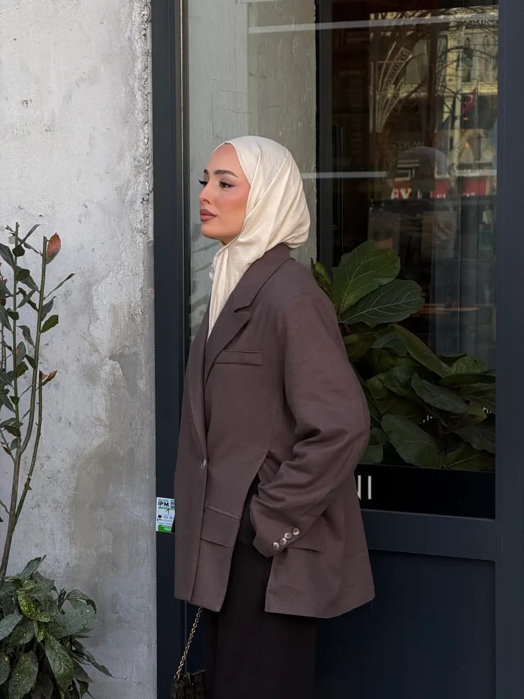 Keten Yırtmaç Detay Blazer Ceket Kahve
