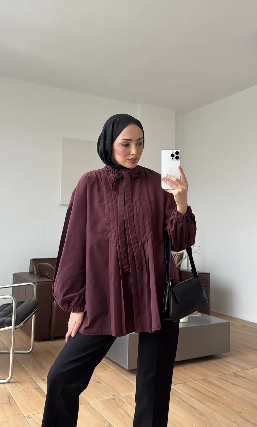Pile Detaylı Kolları Lastikli Gömlek Bordo