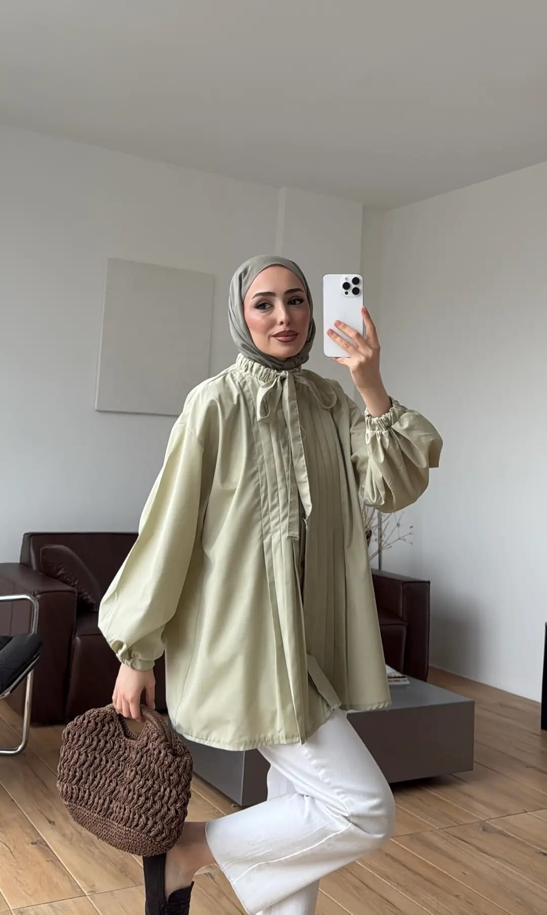 Pile Detaylı Kolları Lastikli Gömlek Küf Yeşili
