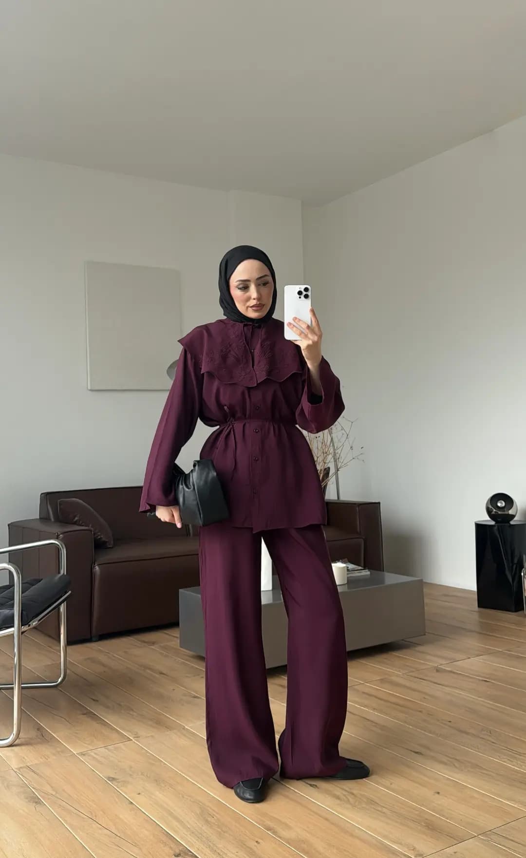 Nakışlı Mendil Yaka Takım Bordo