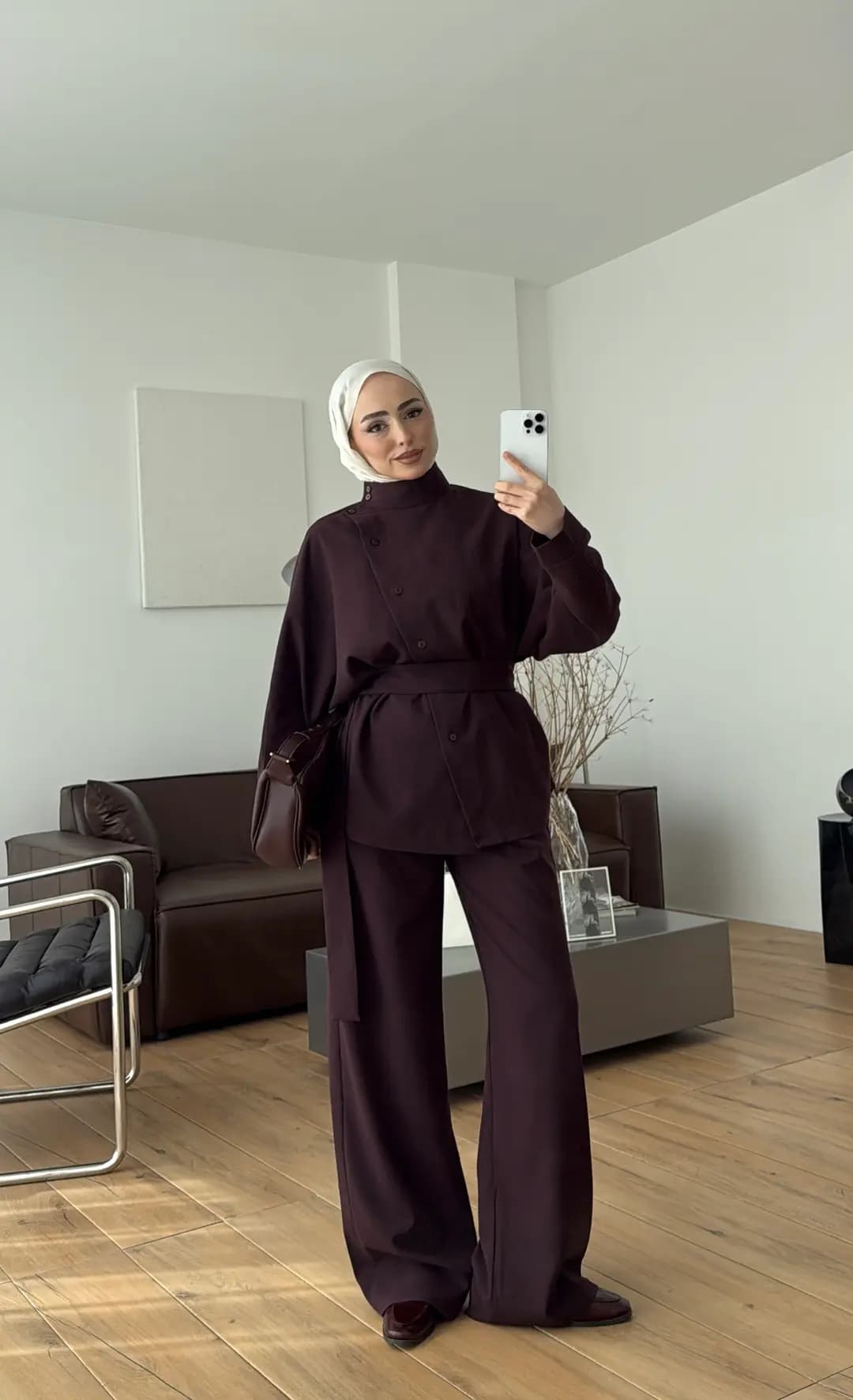 Düğme Detay Kemerli Takım Mürdüm