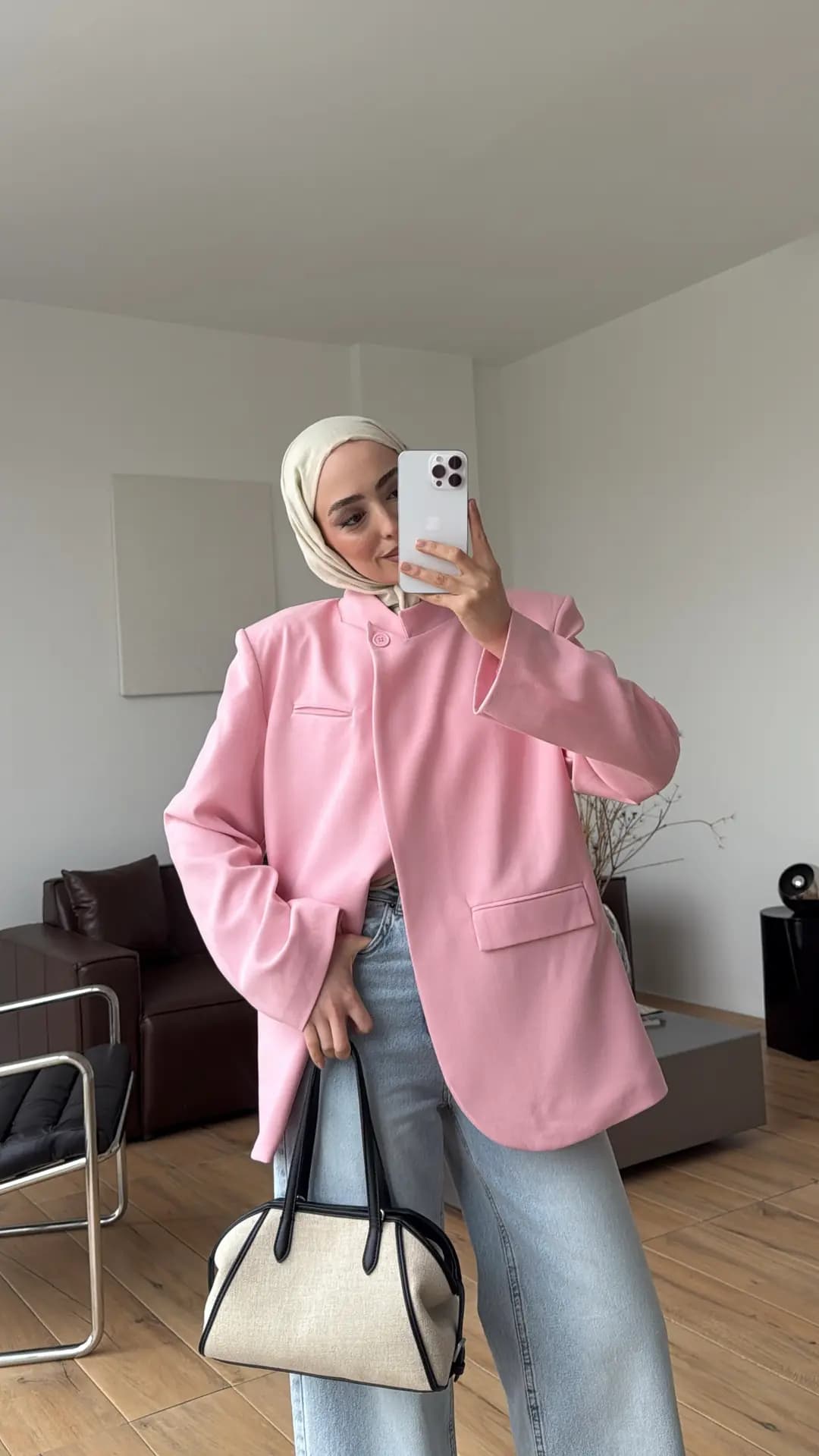 Yakası Düğmeli Dik Yaka Ceket Pembe