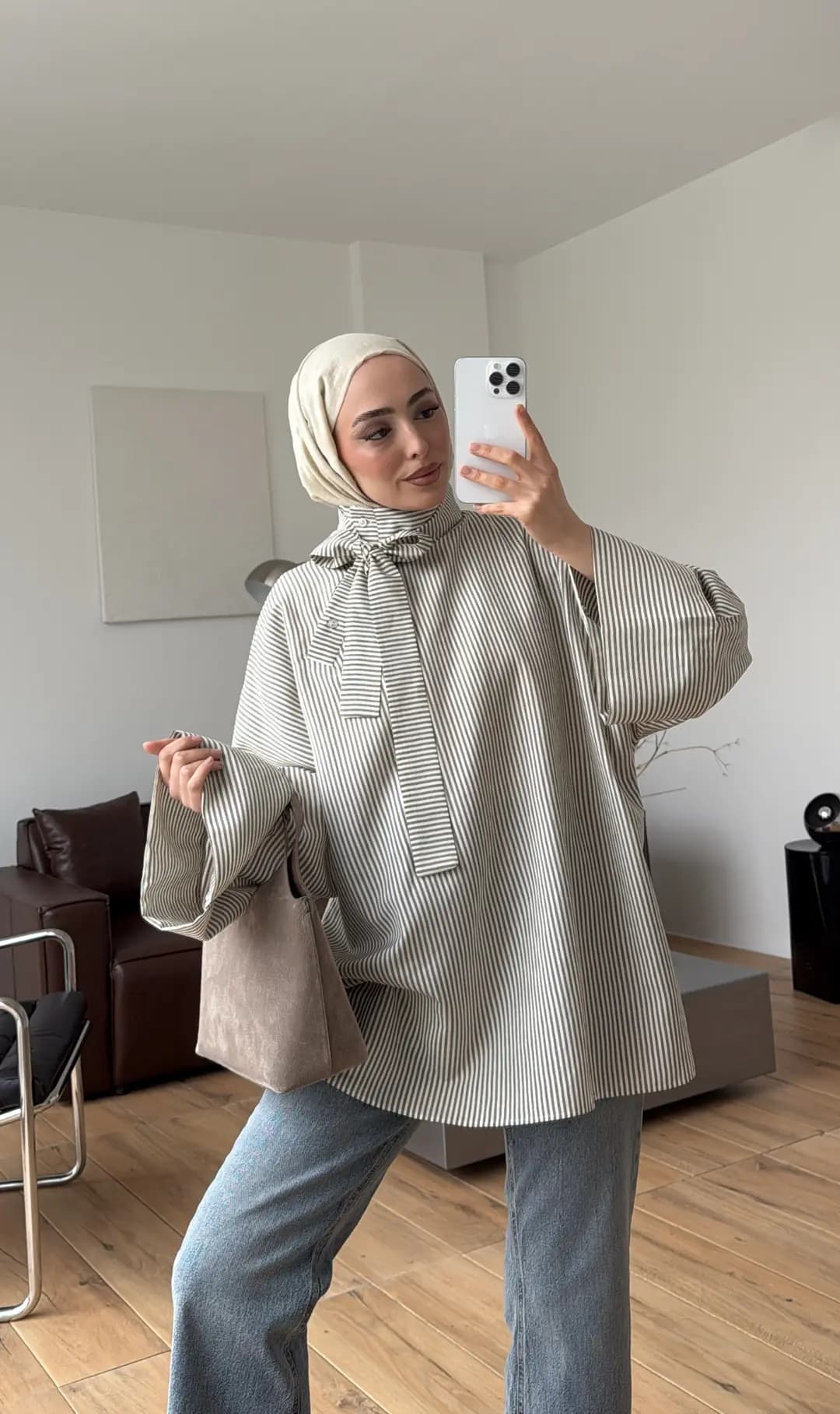 Yakası Düğmeli Çizgili Tunik Haki