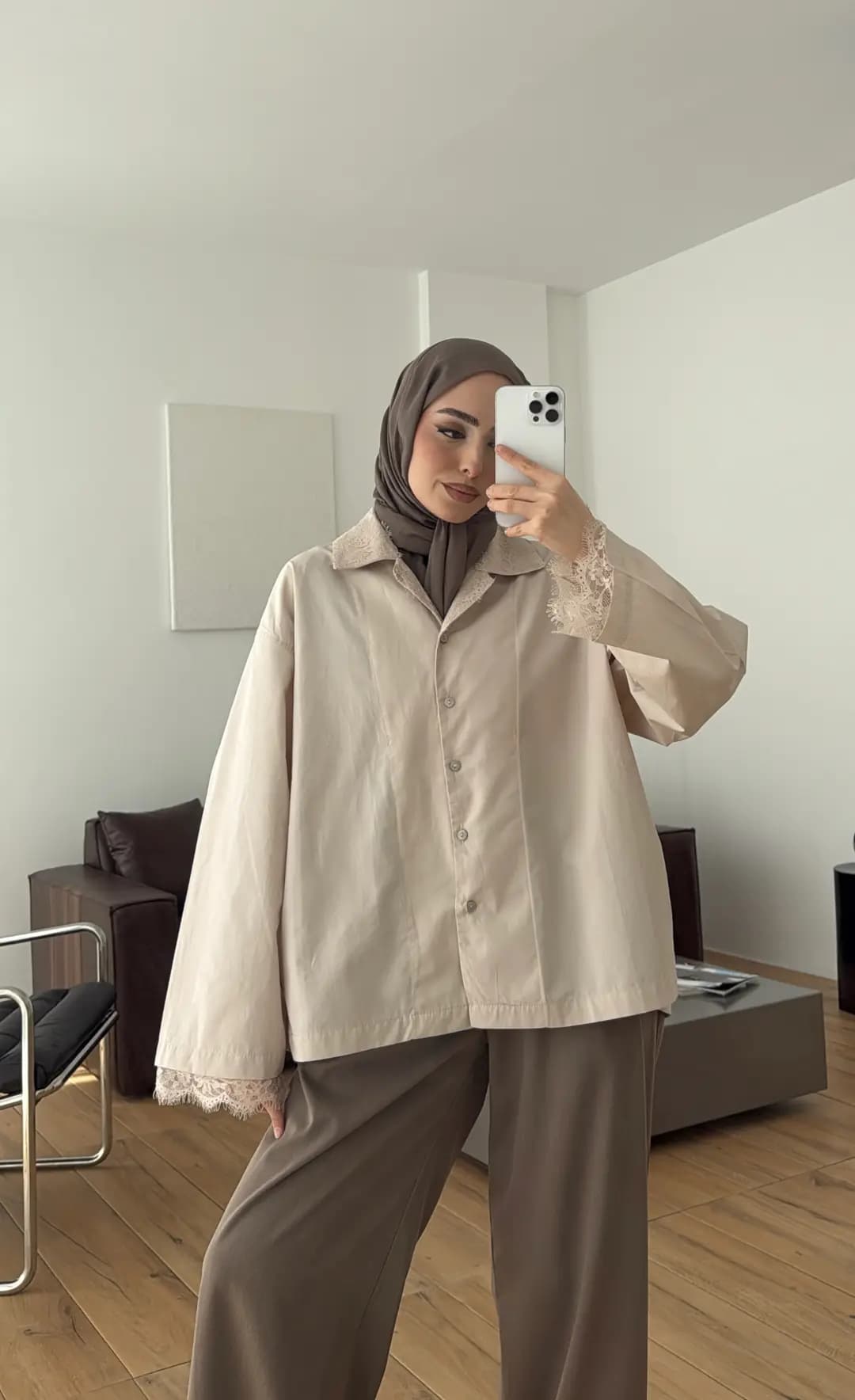 Dantelli Boxfit Gömlek Bej