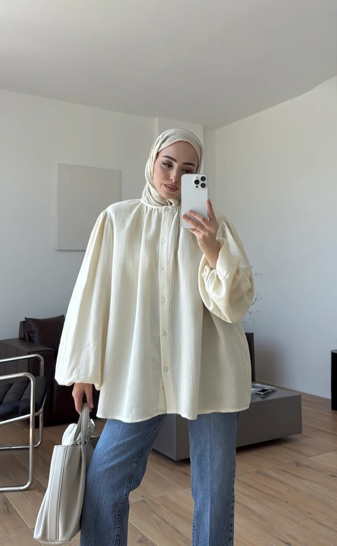 Kolları Lastikli Müslin Gömlek Krem
