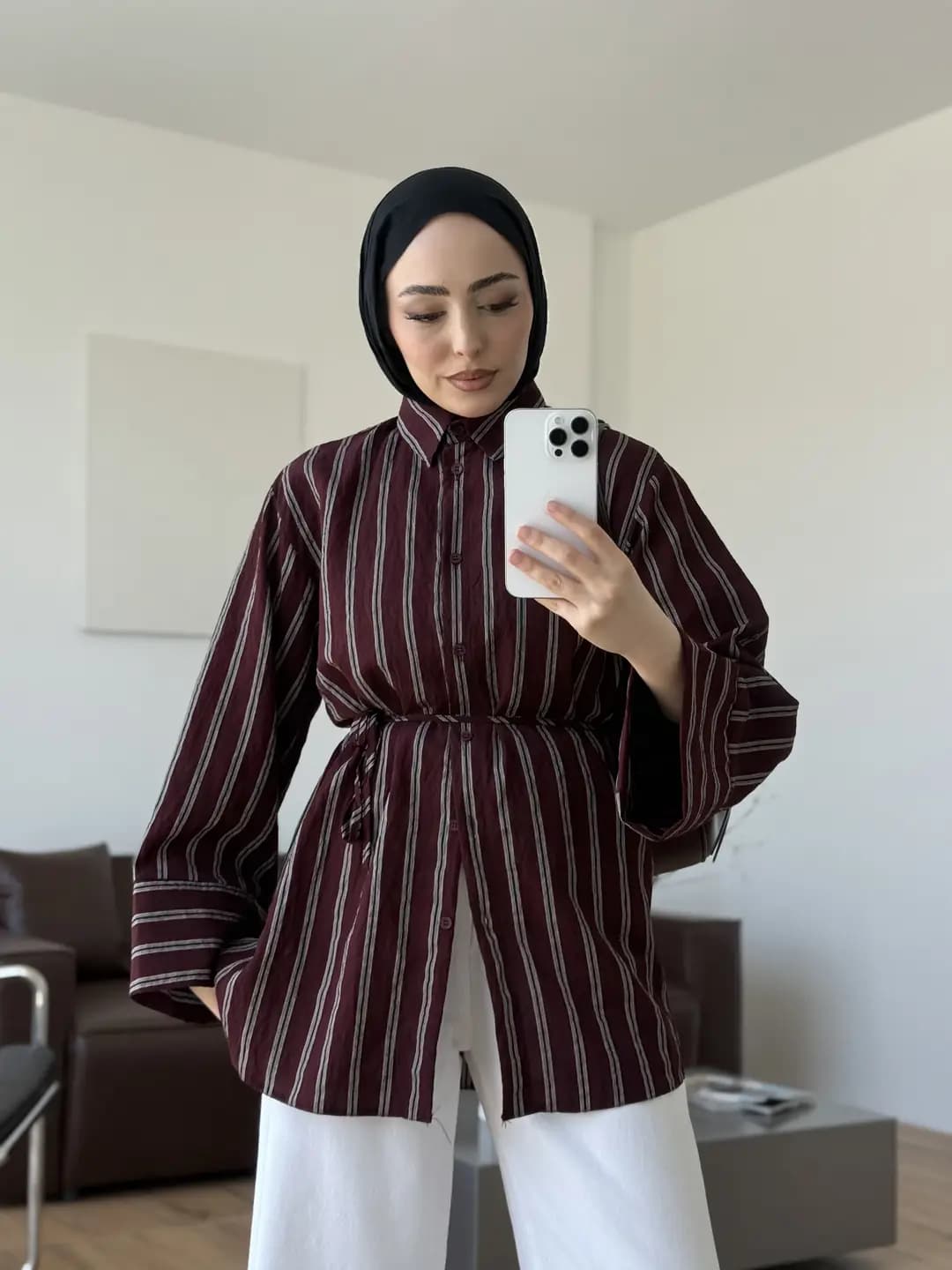 Çizgili Bağlamalı Gömlek Bordo