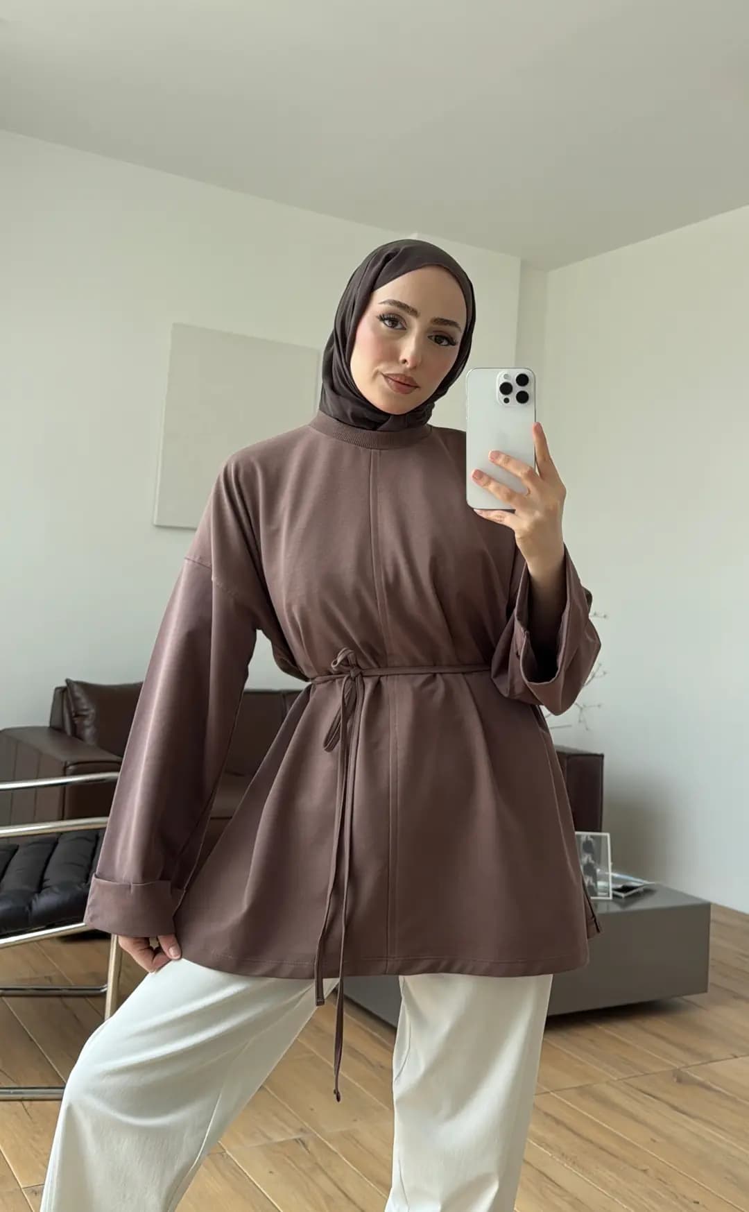 Bağlamalı Yanı Yırtmaç Detay Sweat Sütlü Kahve