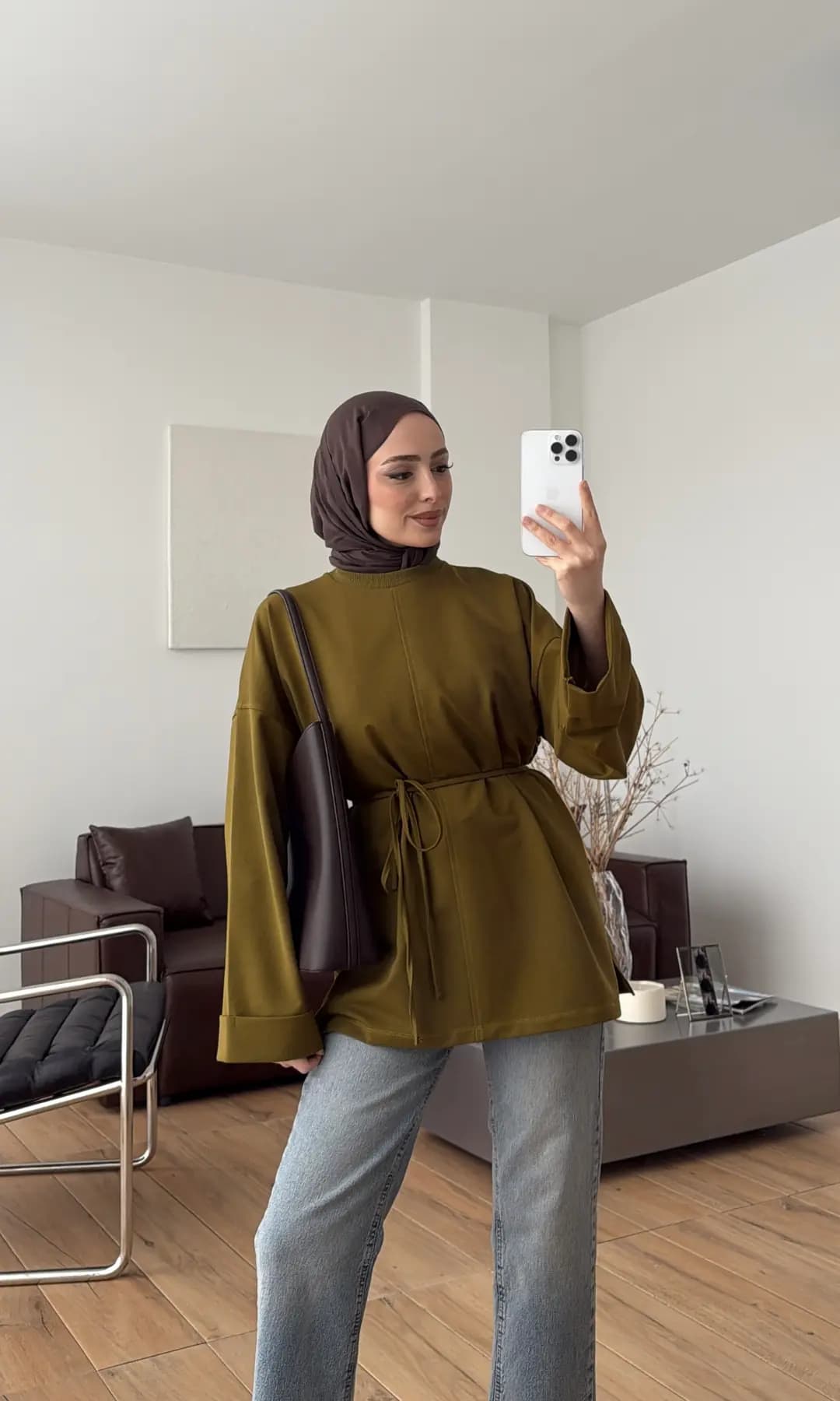 Bağlamalı Yanı Yırtmaç Detay Sweat Olive