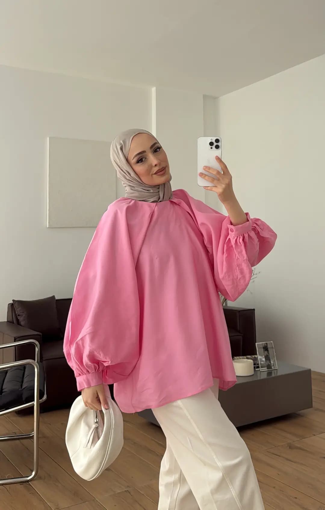 Balon Kol Tek Pile Detay Bluz Pembe