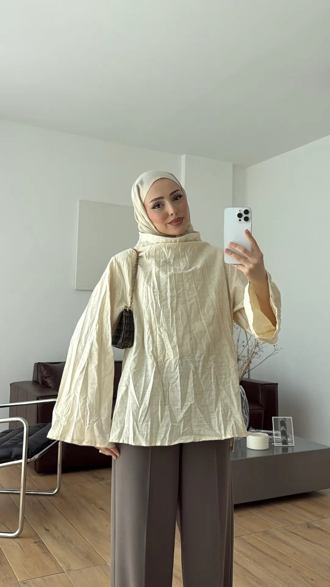 Kırışık Keten Bluz Bej