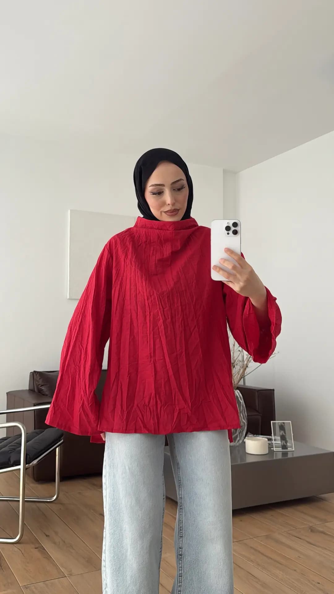 Kırışık Keten Bluz Kırmızı