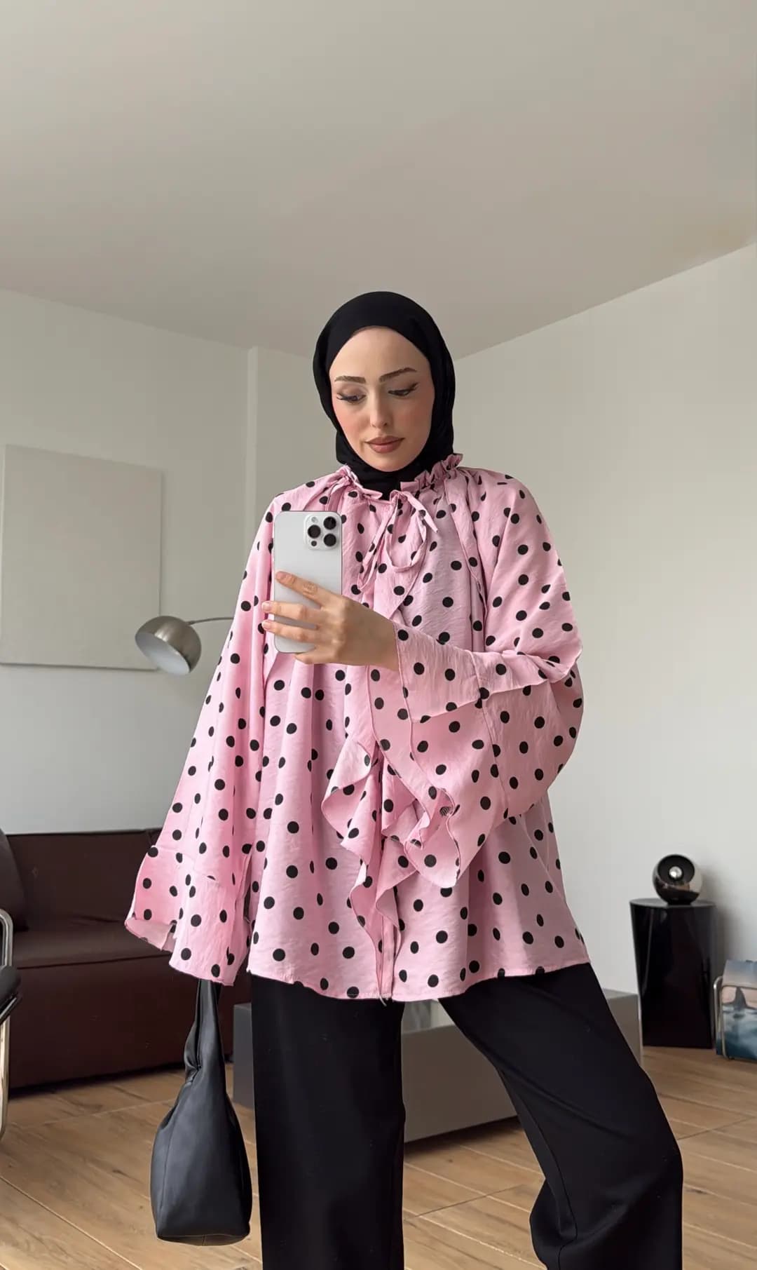 Fırfır Detaylı Puantiyeli Gömlek Pembe
