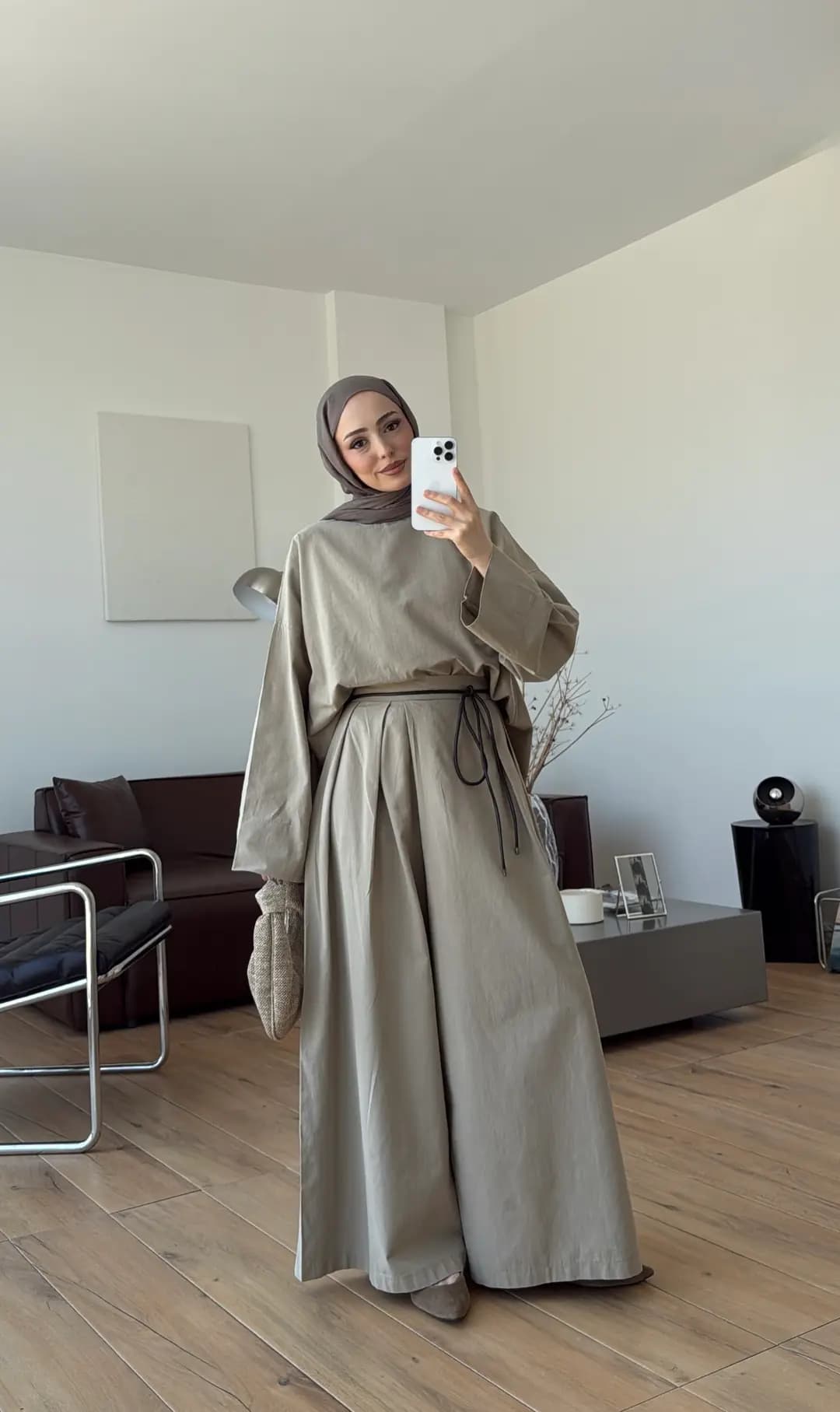 Oversize Keten Bluzlu Takım Vizon