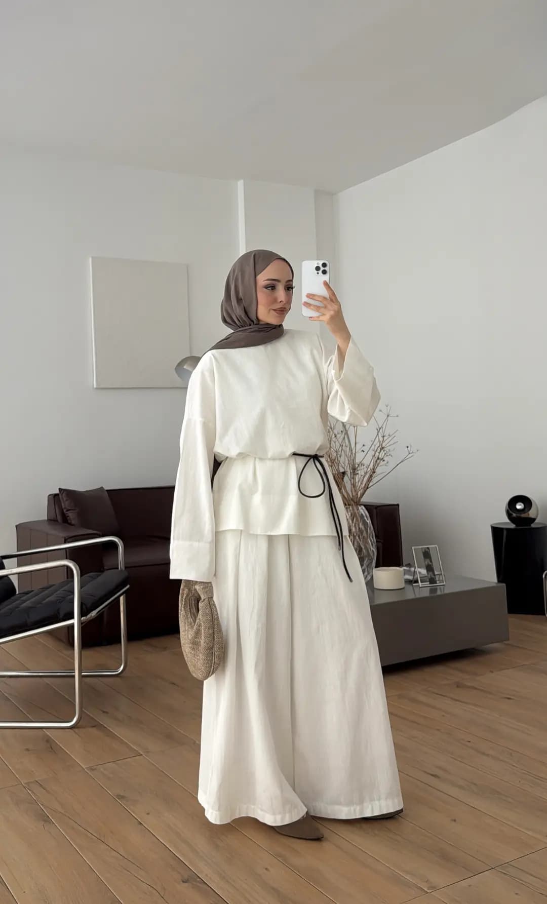 Oversize Keten Bluzlu Takım Ekru