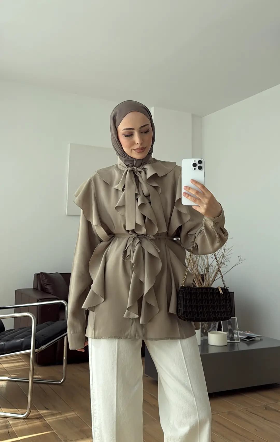 Volanlı Bağcıklı Gömlek Haki